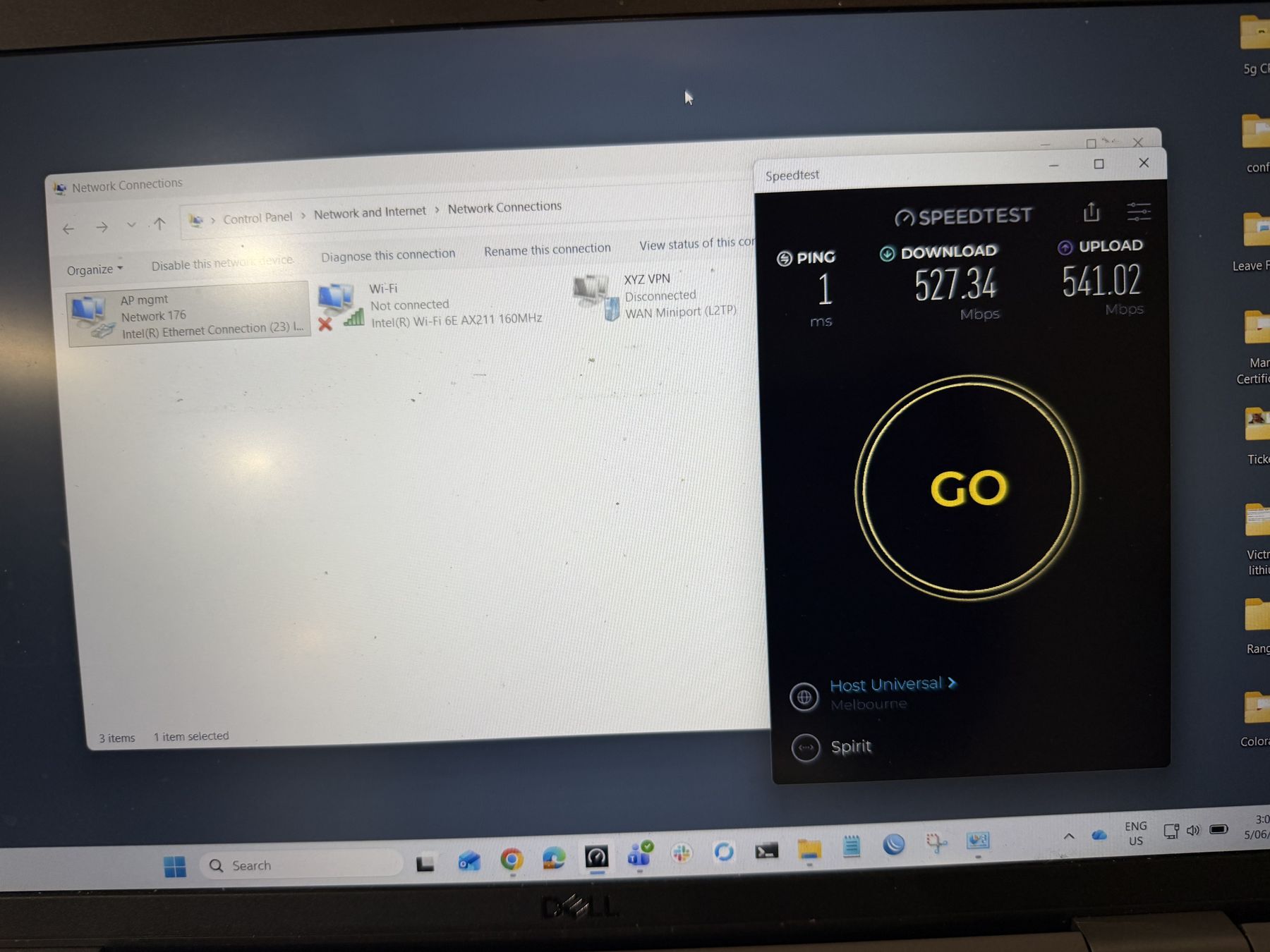 Genuine internet speed-test result from the Melbourne testing centre